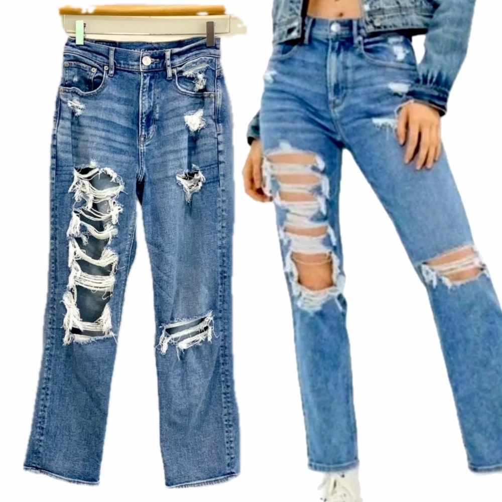 American Eagle Boyfriend Jeans Womens Size 2 Highest Rise 90s Destroyed Straight